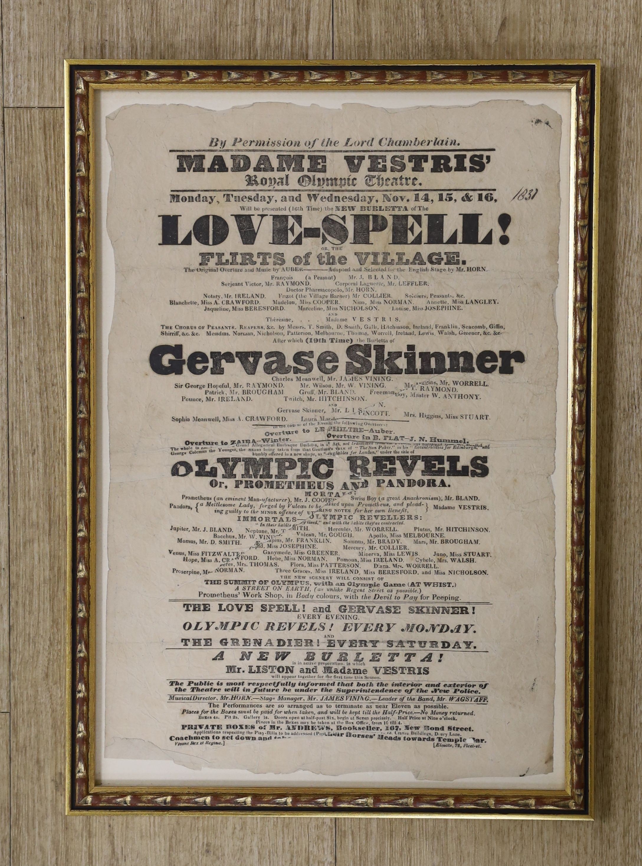 A Royal Olympic Theatre playbill for Love-Spell! November 1831, 36 x 24cm